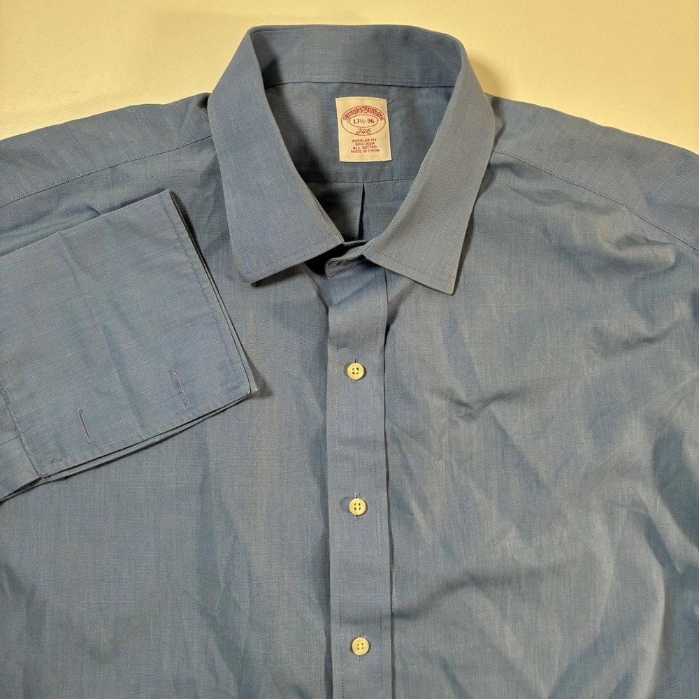 Brooks Brothers French Cuff Dress Shirt 17.5 36 Blue Non-Iron Regular Fit